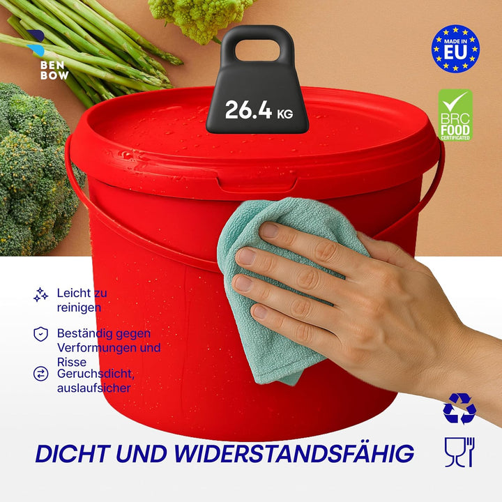 BenBow Eimer mit Deckel 10l Rot 3X 10 Liter - lebensmittelecht, stabil, luftdicht, auslaufsicher, ge