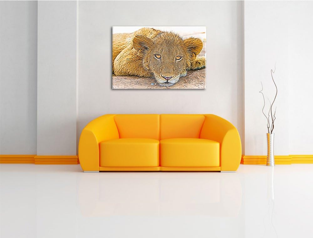 wachsamer junger Löwe Deluxe Format: 100x70 cm auf Leinwand, XXL riesige Bilder fertig gerahmt mit K
