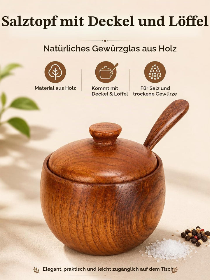 Salzdose aus Holz, Salzkeller mit Deckel und Löffel, Vielseitige Massivholz Gewürzgläser, zur Aufbew