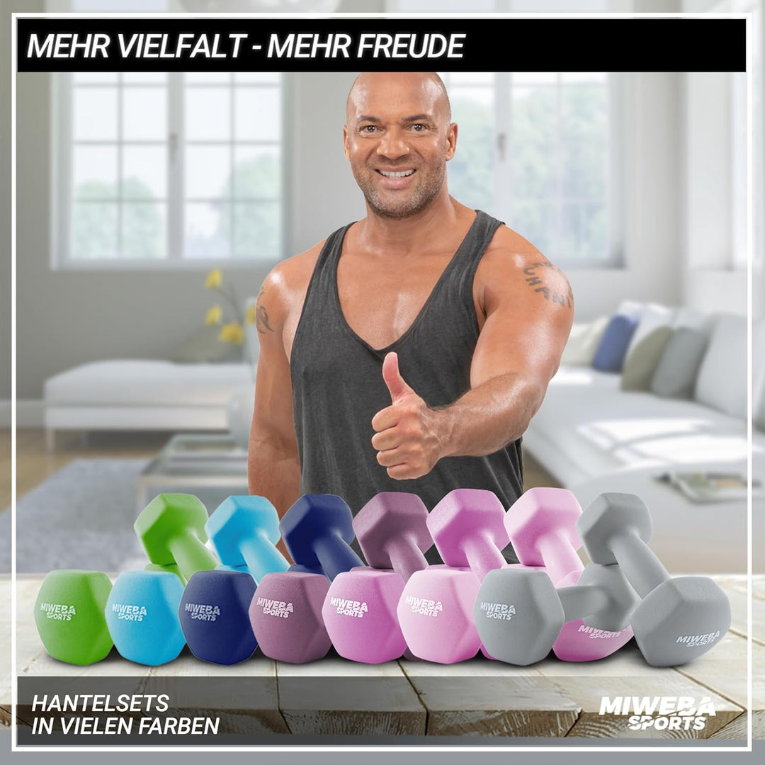 Miweba Sports Neopren Hantelset NKH100 | 𝐏𝐫𝐨𝐟𝐢 Hanteln - 0.5-10.0 Kg - Hexagon Hanteln Set - Kurzhan