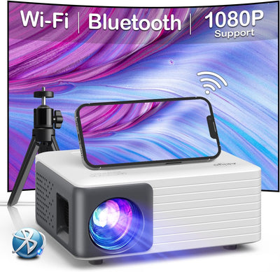 Mini Beamer mit Stativ, AKIYO WiFi Bluetooth Beamer Full HD 1080P Unterstützung, Native 720P Portabl