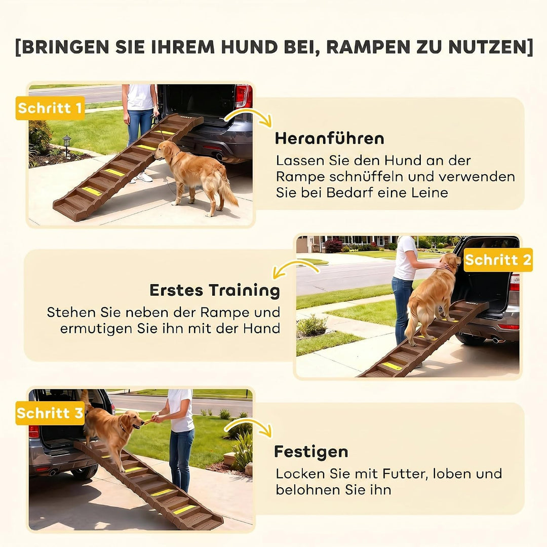PawHut Hunderampe Klappbar rutschfest für Auto &amp; SUV 154x40cm Braun | Hundetreppe mit 10 Stufen Ruts