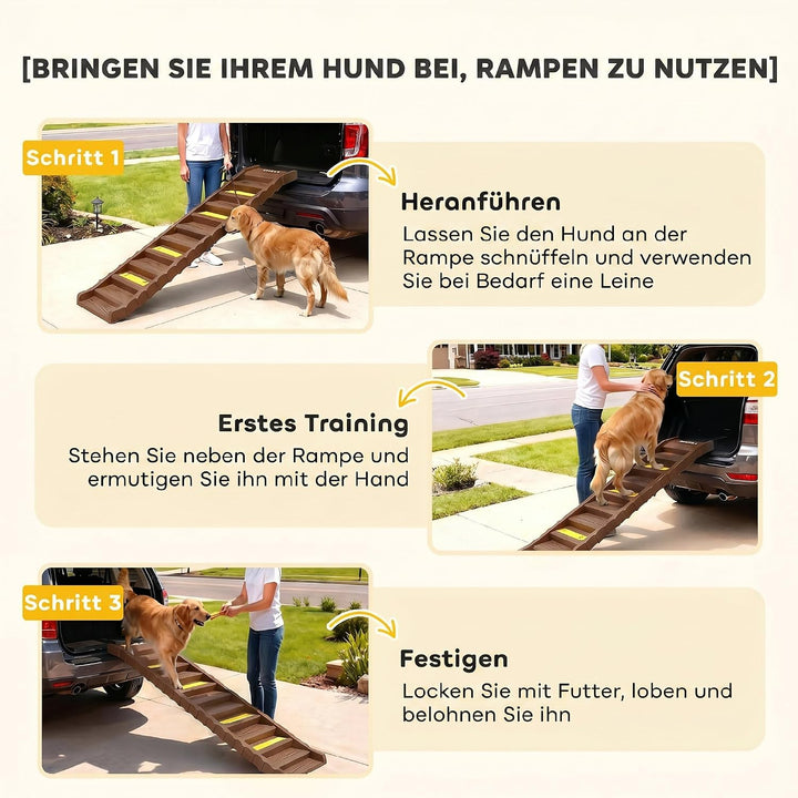 PawHut Hunderampe Klappbar rutschfest für Auto &amp; SUV 154x40cm Braun | Hundetreppe mit 10 Stufen Ruts