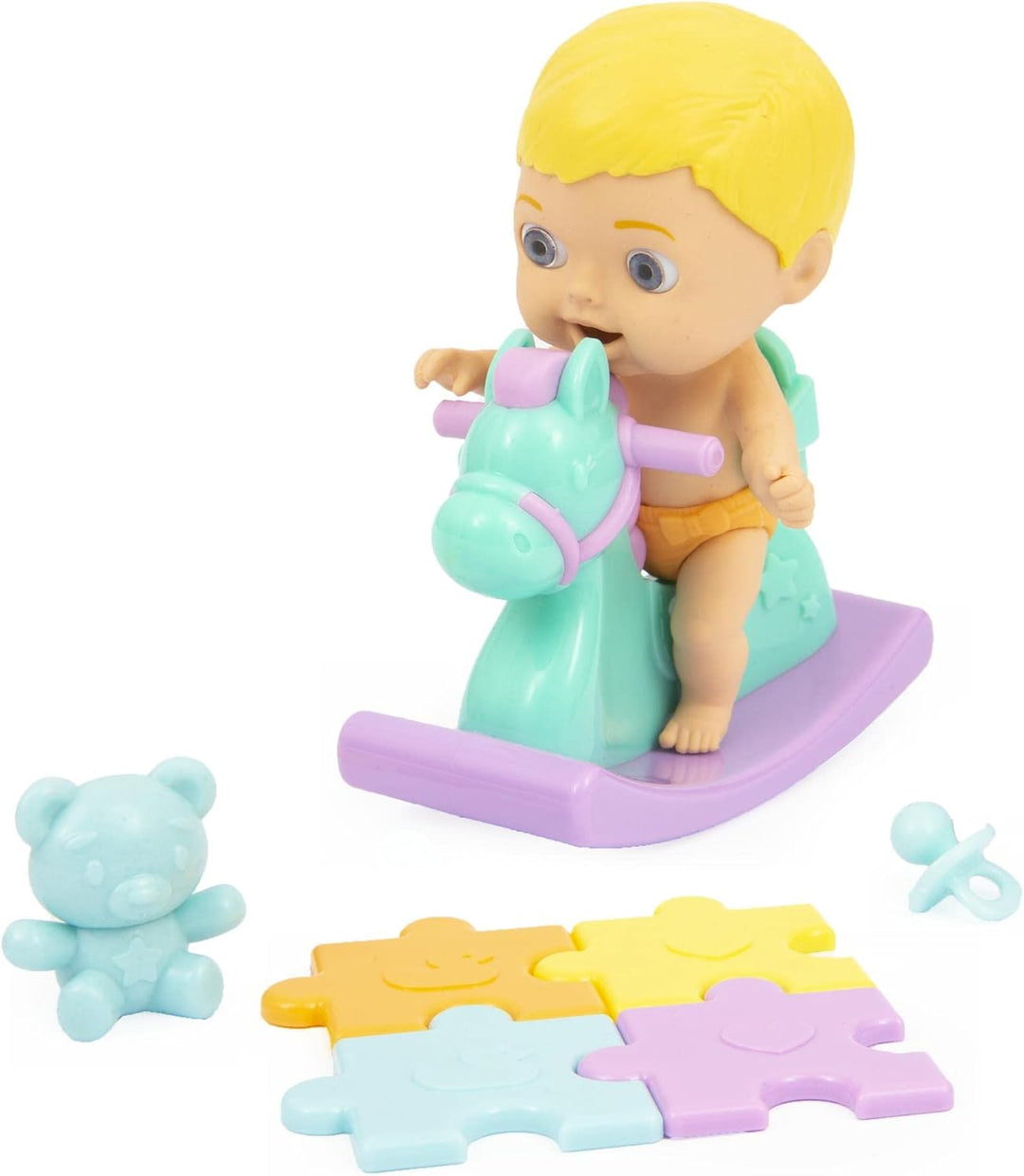 Giochi Preziosi Cicciobello Amicicci, Baby mit Schaukelpferd, mit Zubehör, Modell für Jungen, Blonde