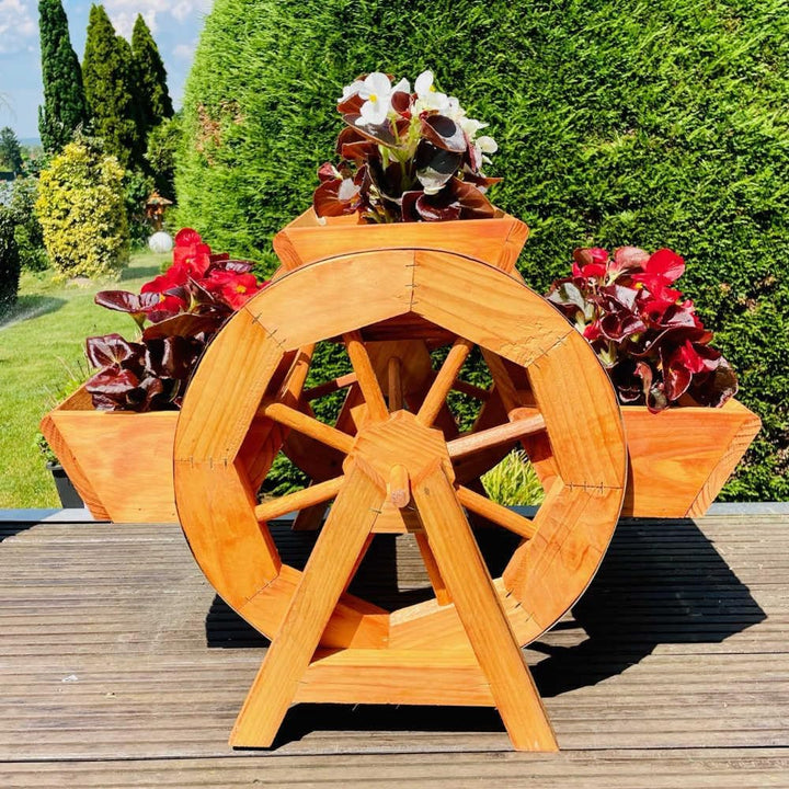 DARLUX Garten/Balkon Holz handgefertigte Blumentreppe Blumenrad 3er Blumenbank Braun Holzrad