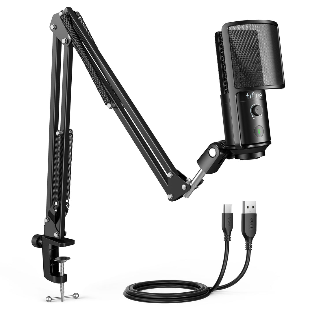 FIFINE USB Microphone Kit with Mute Button, Podcast Microphone with Boom Arm Stand for PC Computer,