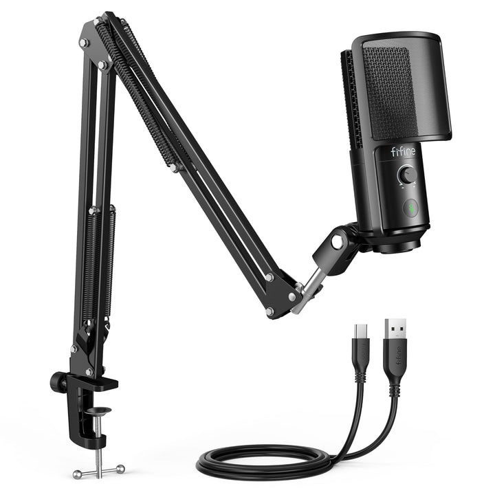 FIFINE USB Microphone Kit with Mute Button, Podcast Microphone with Boom Arm Stand for PC Computer,
