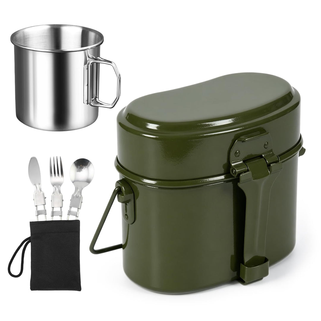 Camping Kochgeschirr Set, 5 STK Bundeswehr Essgeschirr aus Aluminium mit Faltbarer Messer, Gabel, Lö