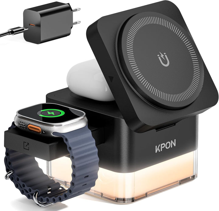 KPON Ladestation Apple Watch und iPhone für Magsafe, 3-in-1 Cube Induktive Ladestation mit Magsafe L