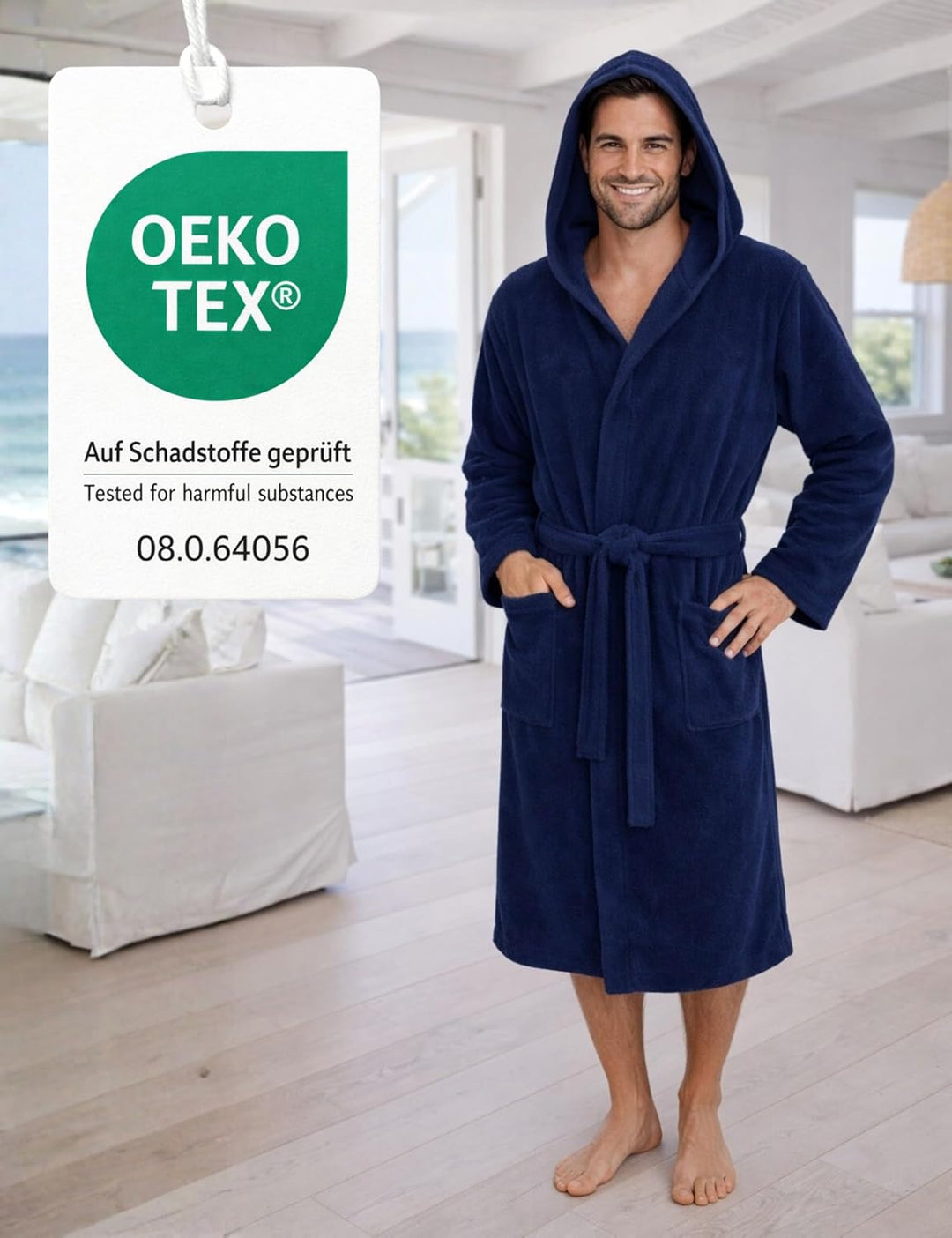 Morgenstern Bademantel Herren Kapuze Frottee 100% Baumwolle Lang Cadiz Salamanca XXL Marine, XXL Mar