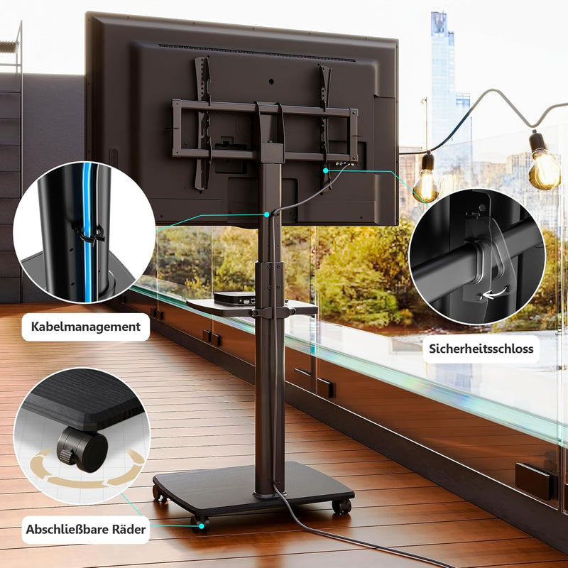 FITUEYES TV Bodenständer Rollbar mit Holzablage TV Standfuss TV Ständer Fernsehstand mit Rollen höhe