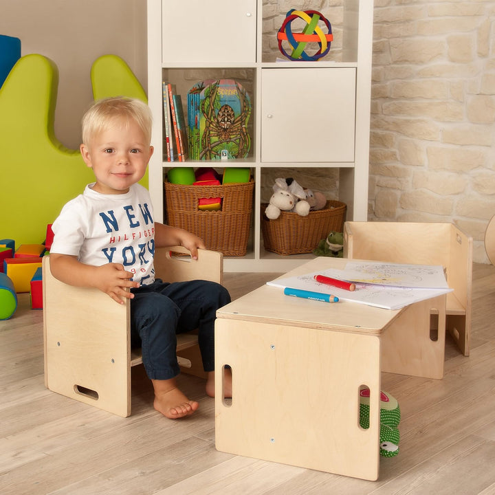 Kindermöbel – Kinder Sitzbank für Sitzgruppen aus Holz – mitwachsende Möbel mit Wendehocker – aus Bi