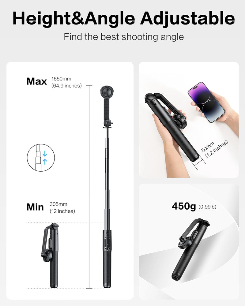 OMOTON O-Mag Selfie Stick Stativ, 360° Drehbar 64" Erweiterbar Handy-Stativ für MagSafe mit Drahtlos