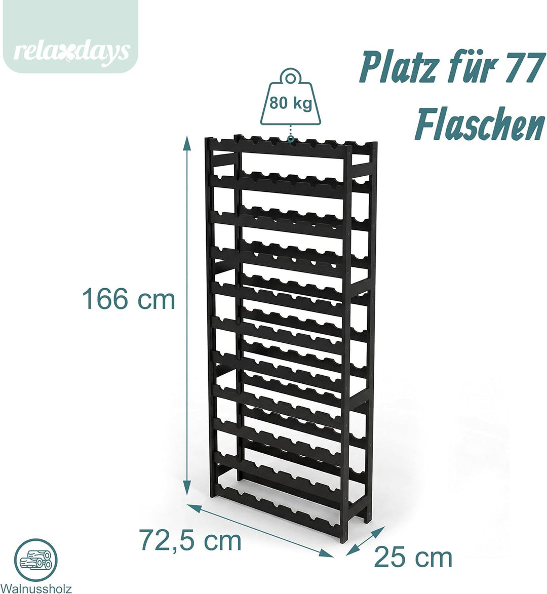 Relaxdays Weinregal, 77 Flaschen, Walnussholz, 166x72,5x25 cm, Weinhalter für Rot- & Weisswein, Flas