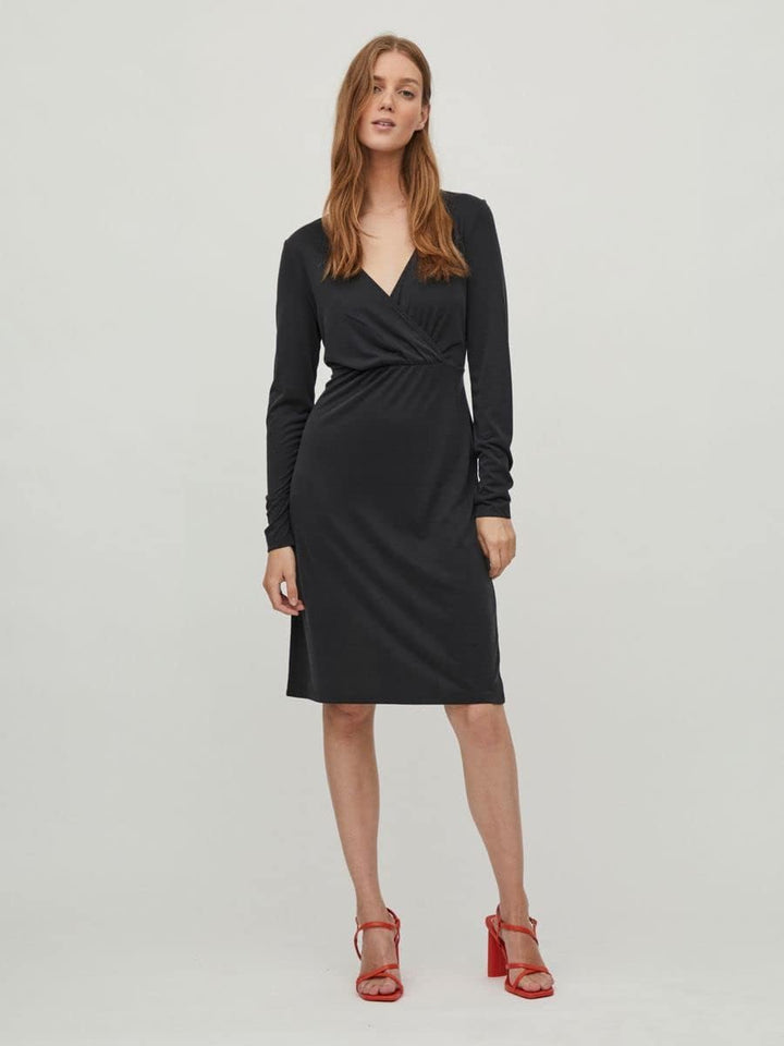 Vila Damen Vimodala L/S Wrap Midi Su-Noos Dress XS Schwarz, XS Schwarz
