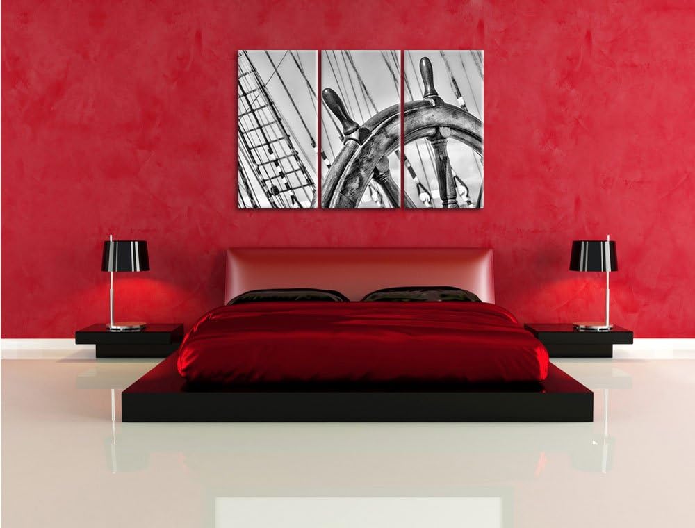 Pixxprint Steuerrad auf dem Schiff 3Teiler 120x80 cm Leinwandbild Wandbild Kunstdruck