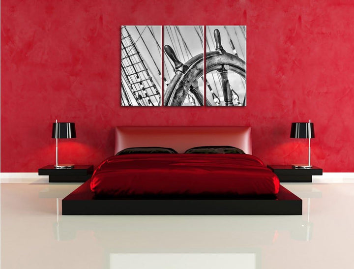 Pixxprint Steuerrad auf dem Schiff 3Teiler 120x80 cm Leinwandbild Wandbild Kunstdruck