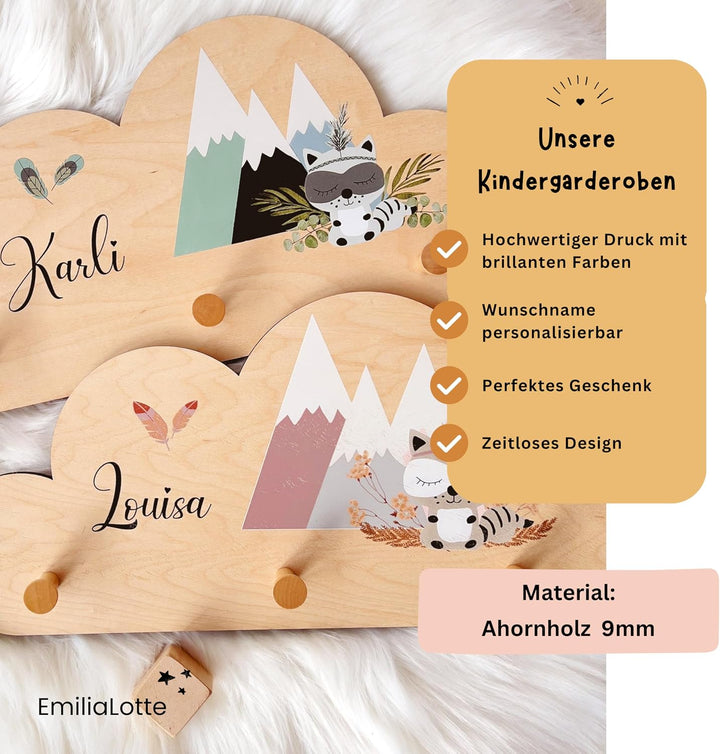 EmiliaLotte Kindergarderobe Personalisiert mit Wunschname I Garderobe Kinder aus Holz - Verschiedene