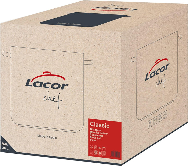 Lacor 50136 Hoher Suppentopf mit Deckel 36 cm, Silber