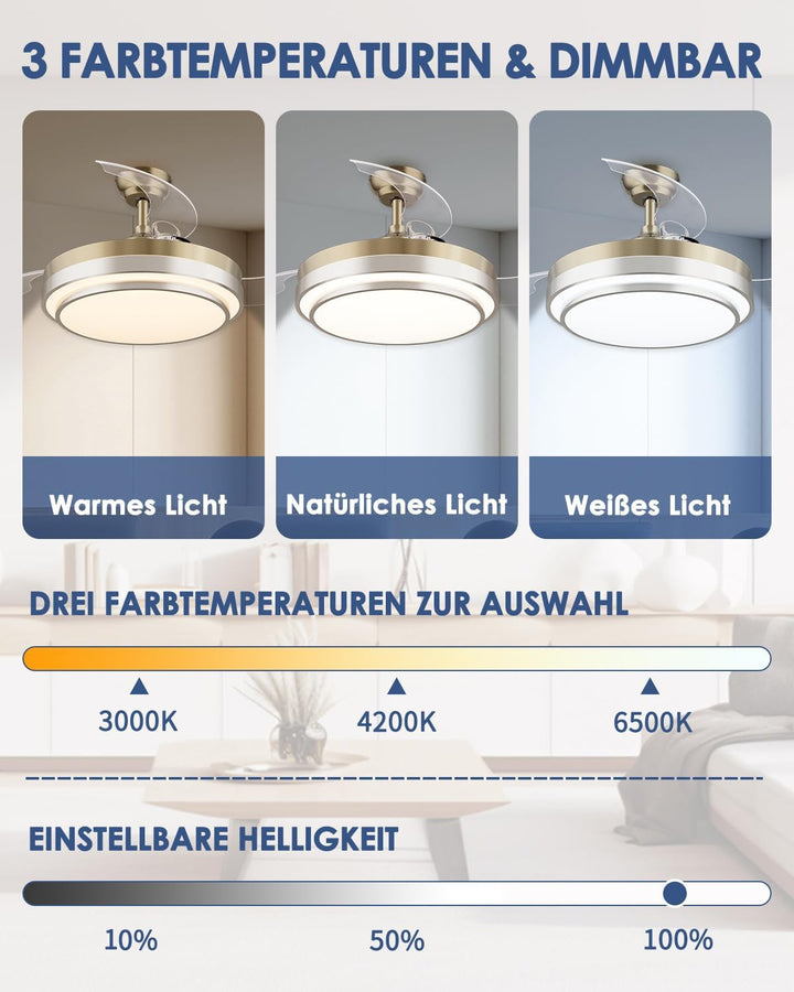 CJOY Deckenventilator Einziehbar, 107cm Deckenventilator mit Beleuchtung und Fernbedienung Leise, 6