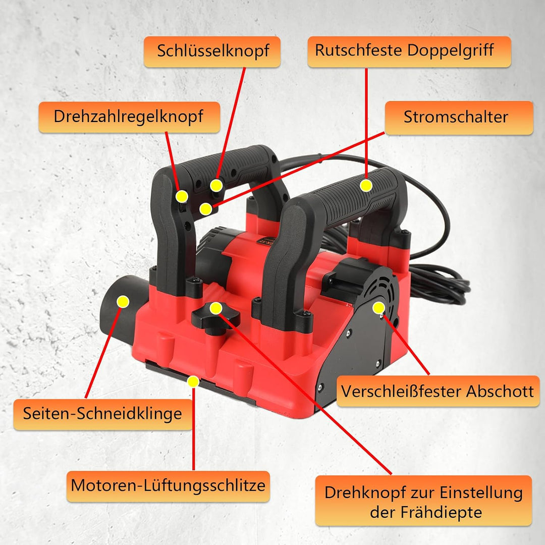 Betonfräse 1600W Mauerfräse Walzenfräse, 1000-4000 U/min Elektrischer Wandhobel Betonschleifer, 1-4m