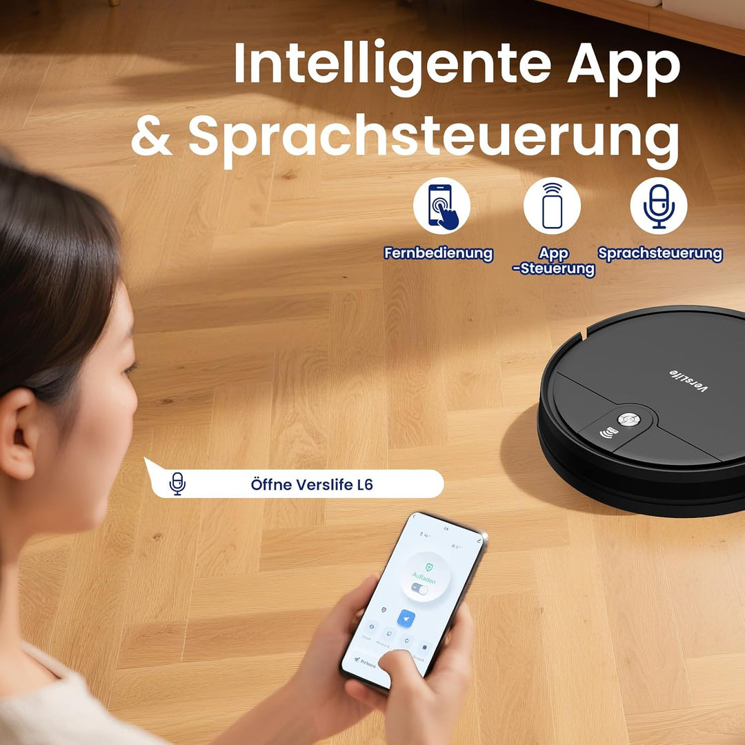 VersLife L6 Saugroboter mit Wischfunktion, 4000Pa Staubsauger Roboter Schwarz, Schwarz