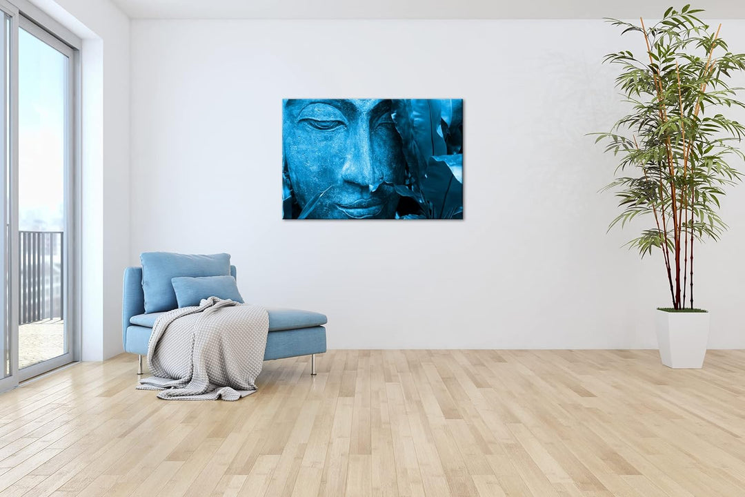 deyoli Zen Buddha Statur Format 80x60 Effekt: Monocrome Blau als Leinwandbild, Motiv fertig gerahmt