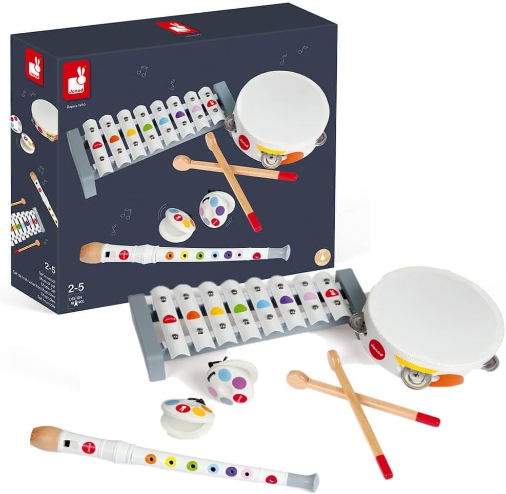 Janod - Confetti Holz-Musikset mit 4 Instrumenten, Musikinstrument für Kinder, Spielzeugnachbildung
