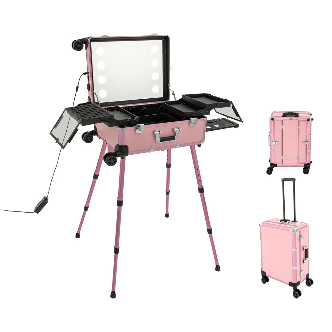 Kosmetikkoffer Trolley mit 8 LED Licht und Kosmetikspiegel,Schminkkoffer 3-stufige Design Innenfäche