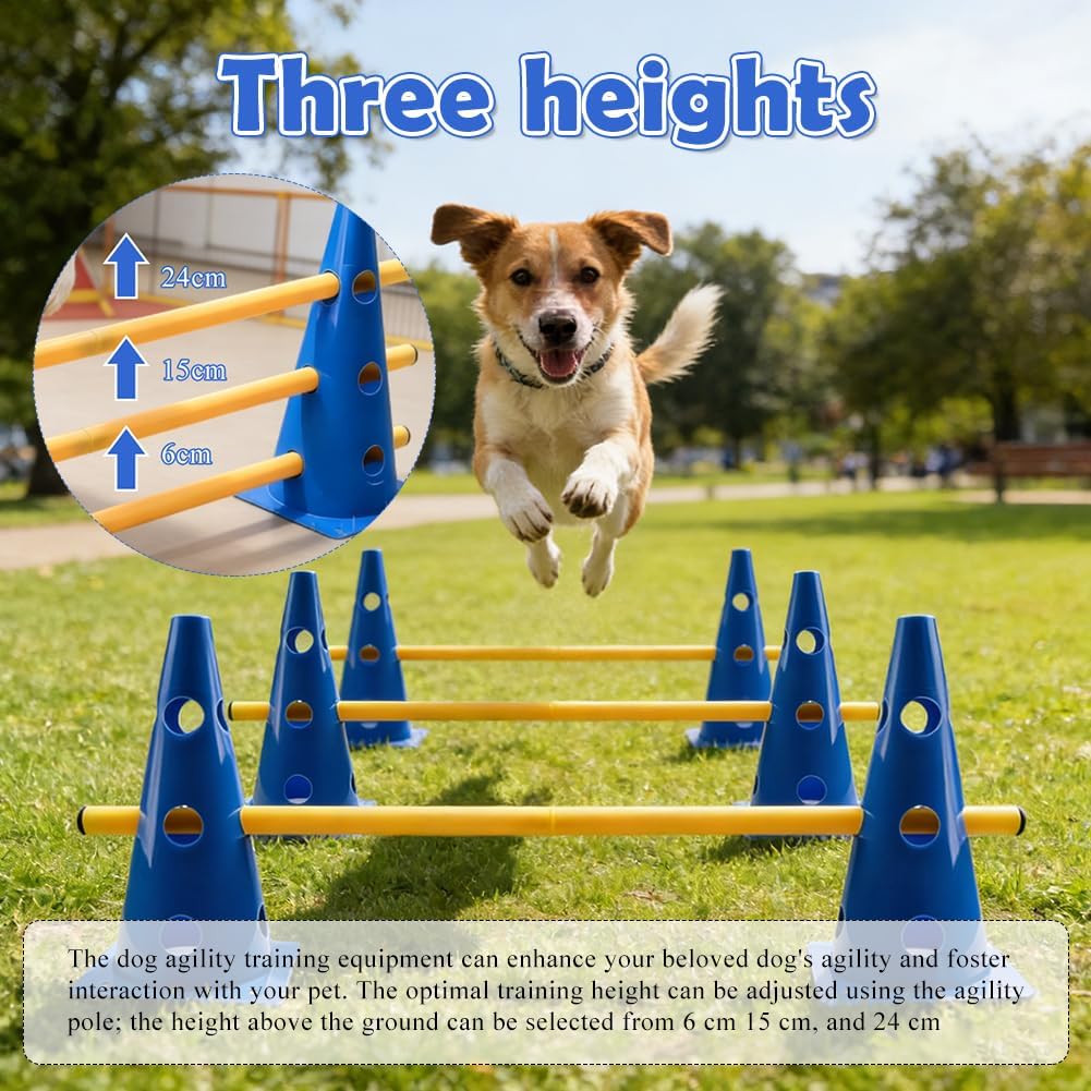 Agility Set Hunde Klein Pylonen Kinder Steckhürdenset mit 10 Kegel + 5 Stangen, Einstellbare Trainin