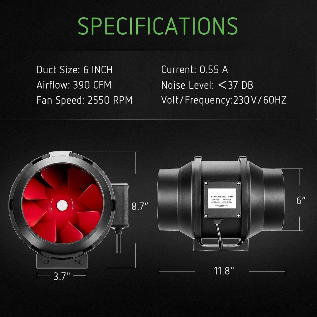 SunStream 150mm Luftfilter-Set, Kohlefilter, 390 CFM Inline-Kanal-Ventilator mit Drehzahlregler und