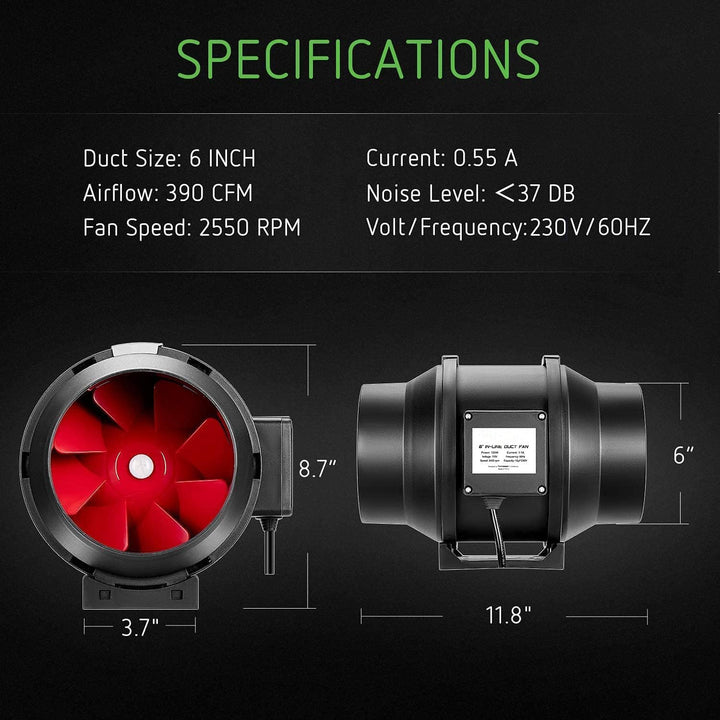 SunStream 150mm Luftfilter-Set, Kohlefilter, 390 CFM Inline-Kanal-Ventilator mit Drehzahlregler und