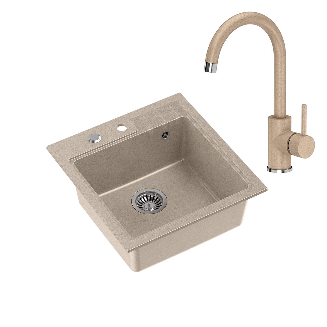 VBChome Spüle mit Armatur 52 x 50 cm Beige Tiefes Becken Küche Einbauspüle Verbundspüle Küchenspüle