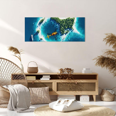 ARTTOR Bilder auf Leinwand 100x40cm Leinwandbild Hubschrauber Ozean Insel Paradies Gross Wanddeko Bi