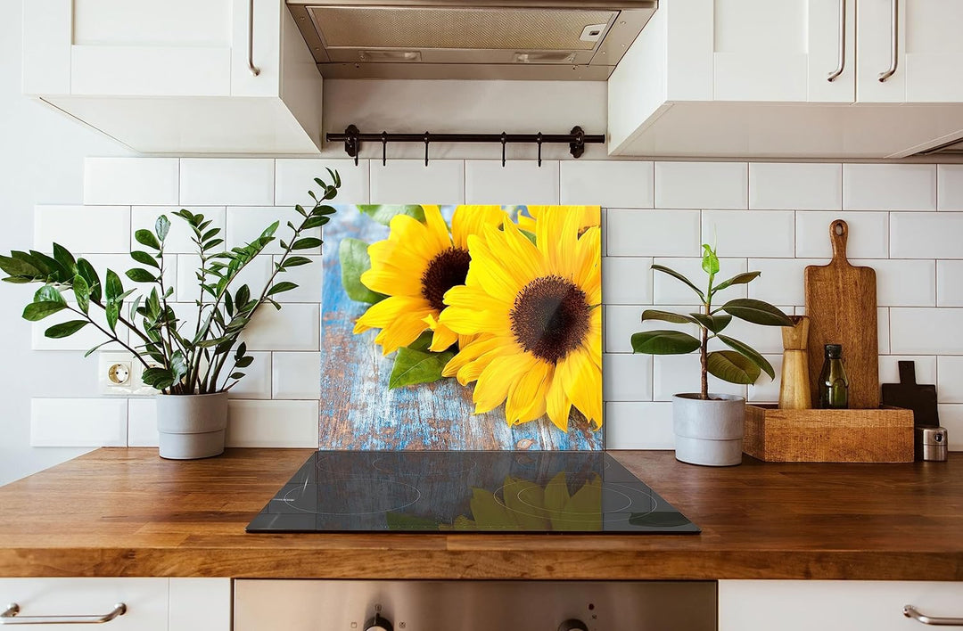 Sonnenblumen auf Holztisch Herdabdeckplatte & Spritzschutz aus Echtglas | Für Herd-Kochfelder | 60x5