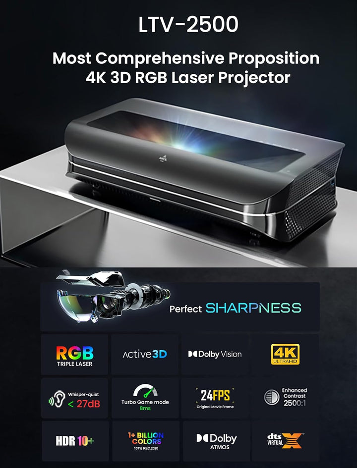 AWOL VISION LTV-2500 Projektor 4K - UHD Ultrakurzdistanz Beamer, 150'' Bild Laser TV, 3D-Unterstützu