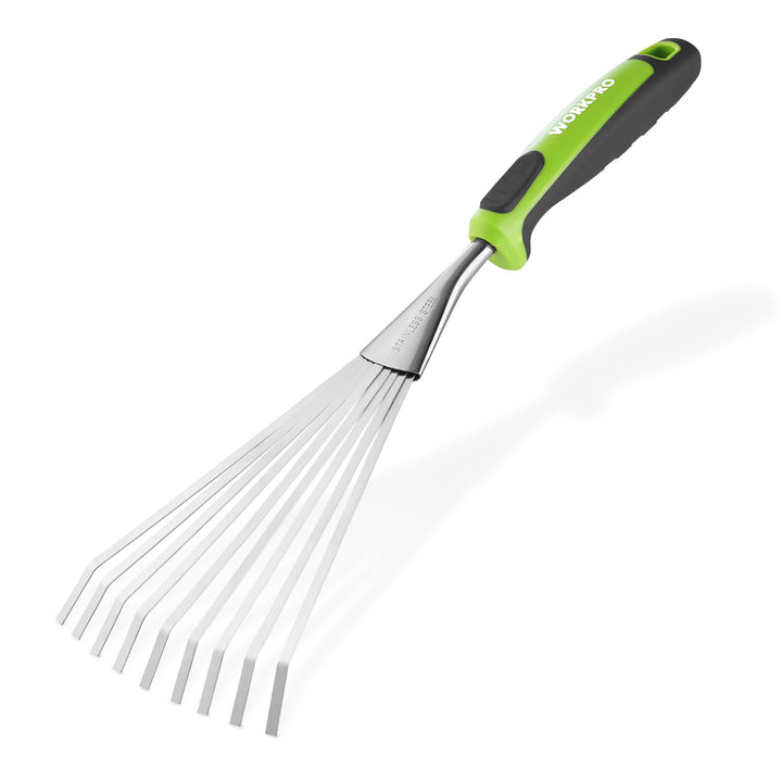 WORKPRO 41 cm Handrechen für Laub, 9-Zahn Gartenhandharke, Edelstahl Fächerrechen mit ergonomischem