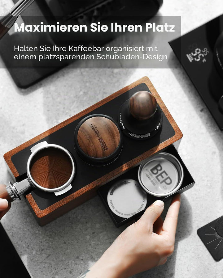 MHW-3BOMBER Espresso-Tampingstation, 4-in-1 Walnuss-Espresso-Organizer-Box mit magnetischer Schublad