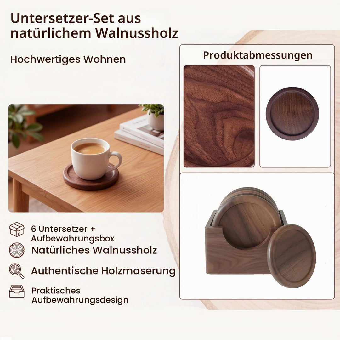 Walnussholz Untersetzer 6er Set - Rund für Gläser &amp; Tassen - Tassenuntersetzer aus Holz mit Aufbewah