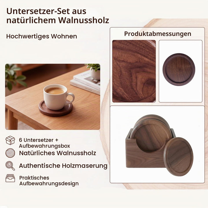Walnussholz Untersetzer 6er Set - Rund für Gläser &amp; Tassen - Tassenuntersetzer aus Holz mit Aufbewah