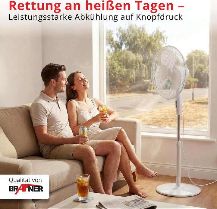 Grafner Standventilator 40 cm, 3 Geschwindigkeitsstufen, höhenverstellbar 105–120 cm, 80° Schwenkfun
