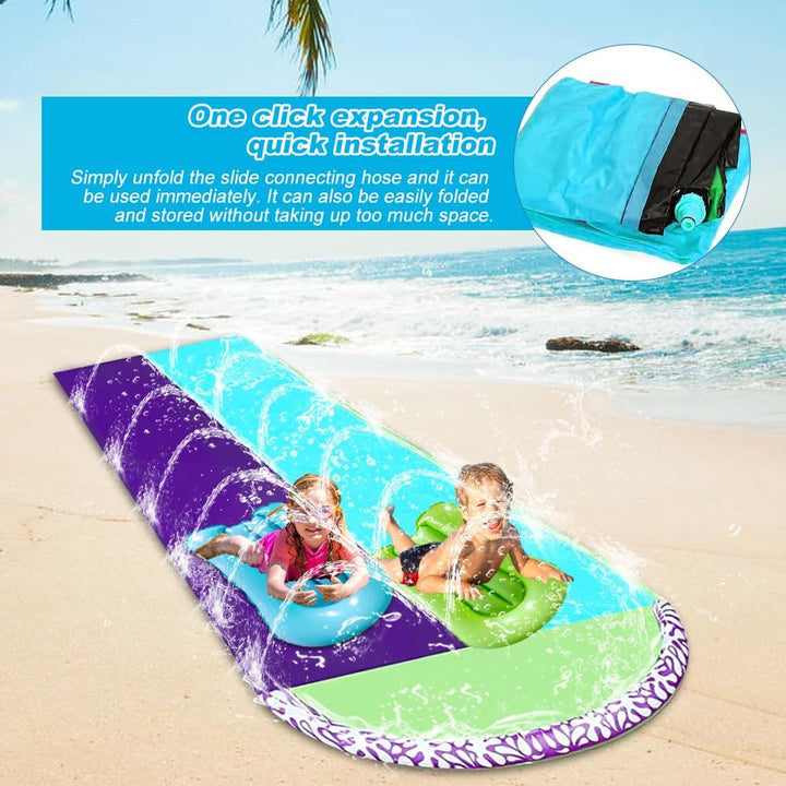 Wasserrutsche Garten für Kinder, 6.1*1.4M Aufblasbare Wasserrutsche mit 2 Bodyboards, Doppelte Wasse
