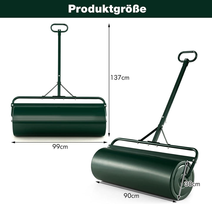 FANTASK Ø 30CM Rasenwalze Metall, Handwalze mit Griff 63 L, Schwerlasttrommel Graswalze befüllbar mi
