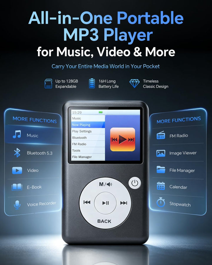 MP3 Player Bluetooth 5.3 mit Video, Hörbüchern, FM Radio und Touch Wheel | Klassis Design, HiFi Musi