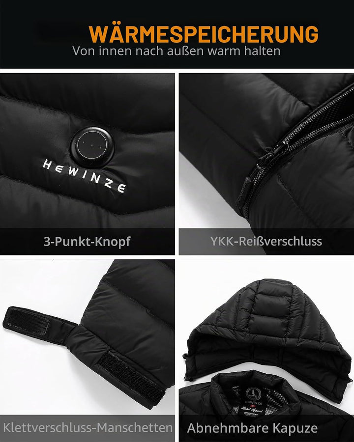 HEWINZE Beheizbare Jacke Herren mit kapuze,Warme Pufferjacke Damen mit akku 5V 10000mAh,Winterjacke