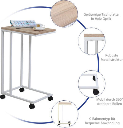 Casaria® Beistelltisch mit Rollen 50x35x70cm C Form Holz Metall 40kg Belastbarkeit Wohnzimmer Schlaf