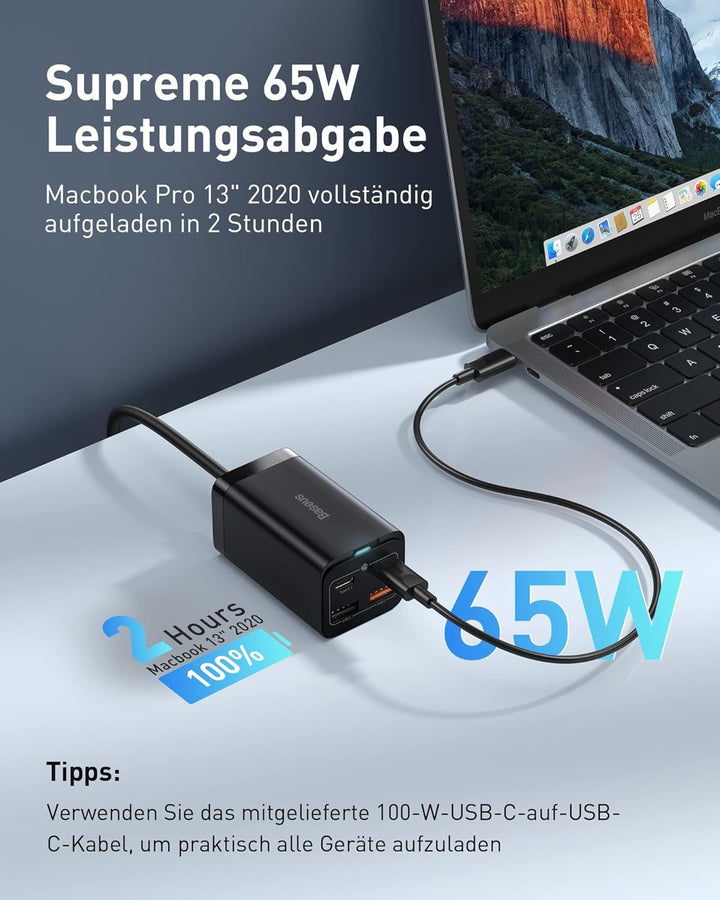 Baseus USB C Ladegerät, 65W USB C Netzteil 4 Ports GaN Charger mit 1.5m AC Kabel und 100W USB C Kabe