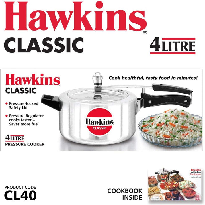 HAWKINS Classic CL40 Schnellkochtopf aus Aluminium, 4 l, klein, silberfarben 4-Liter Silber, 4-Liter