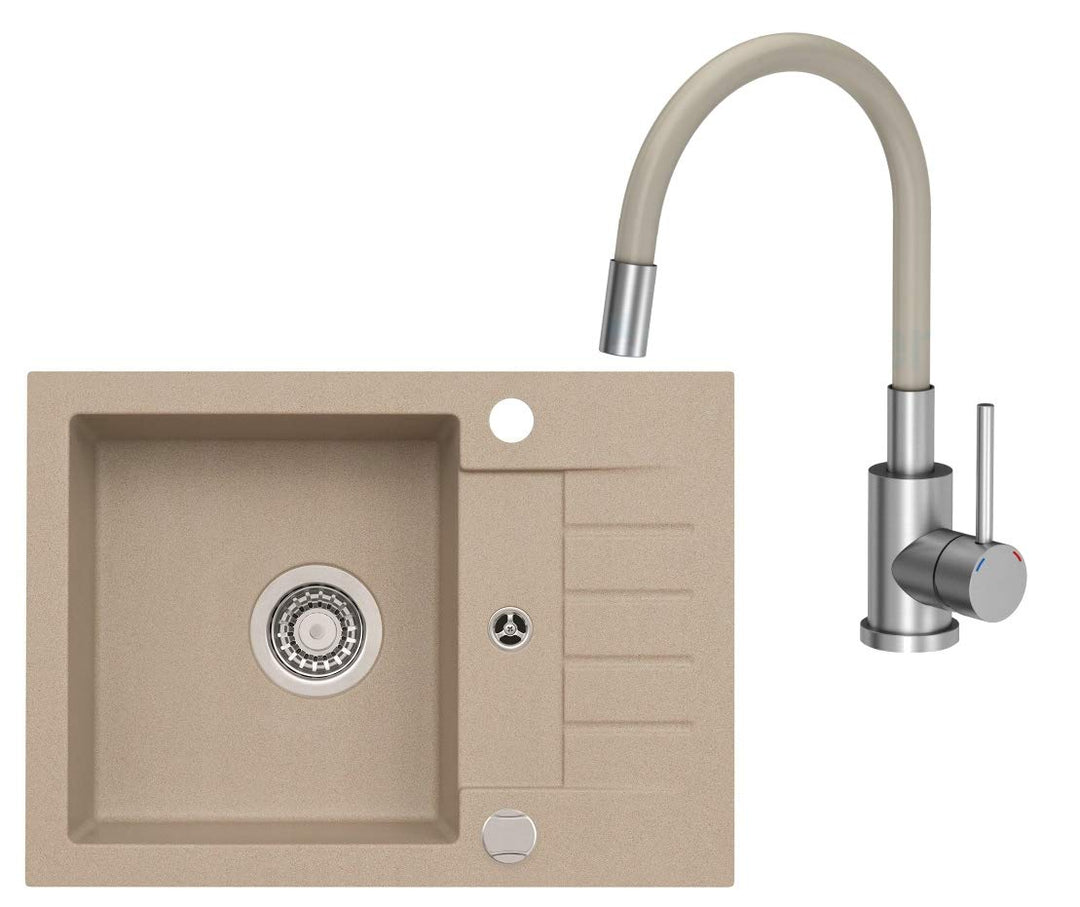 VBChome Spüle Beige 58 x 42 cm mit Spültischarmatur Granit Einzelbecken Einbauspüle flexibel gespren