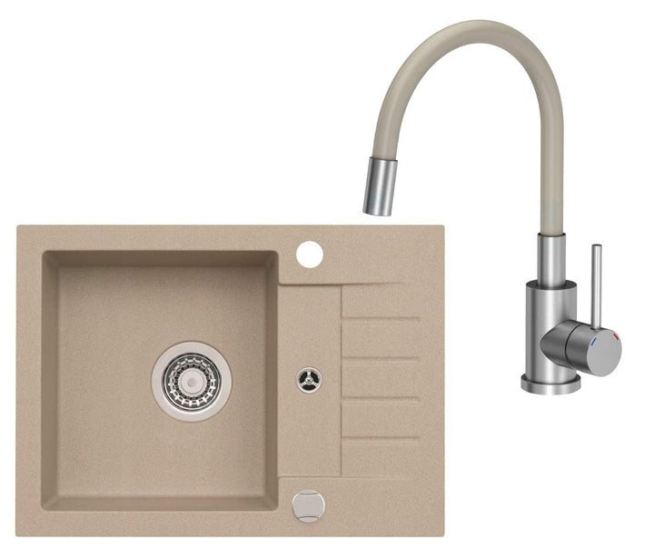 VBChome Spüle Beige 58 x 42 cm mit Spültischarmatur Granit Einzelbecken Einbauspüle flexibel gespren